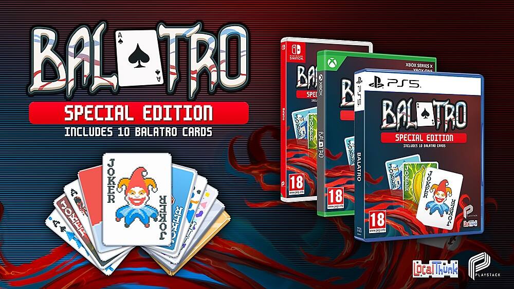 A Balatro Special Edition includes 10 Balatro cards, a Joker card, and a Joker joke book. It is compatible with Switch, Xbox Series X, and PlayStation 5.