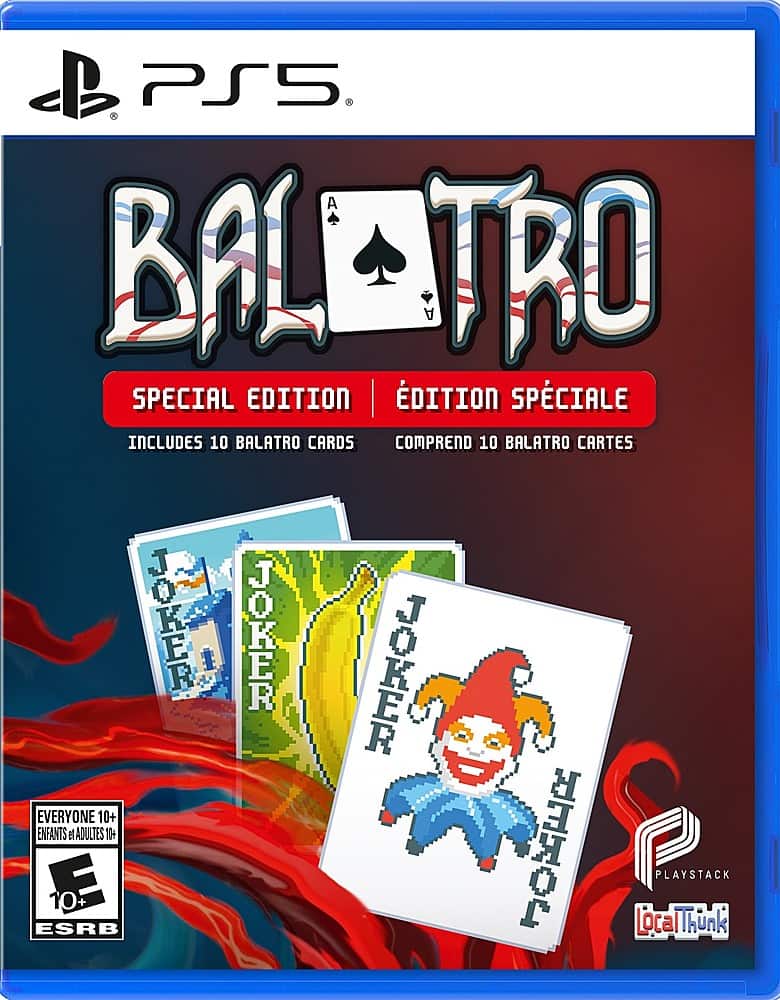 PS5 BALATRO SPECIAL EDITION | INCLUDES 10 BALATRO CARDS COMPREND 10 BALATRO CARTES JOKER JOKER JOKER EVERYONE 10+ ENFANTS el ADULTES 10+ ESRB D 10+ HH LocalThunk PLAYSTACK