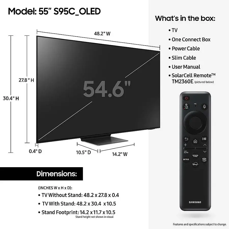 The image features a large flat-screen television with a remote control placed next to it. The TV is described as a 55" S95C OLED model, and the box it comes in contains a One Connect Box, a power cable, a slim cable, a user manual, and a SolarCell Remote. The dimensions of the TV without a stand are 48.2 x 27.8 x 0.4 inches, while the dimensions with a stand are 48.2 x 30.4 x 10.5 inches. The stand footprint is 14.2 x 11.7 x 10.5 inches. The image also includes a comparison of the TV's dimensions to a person, indicating its large size.