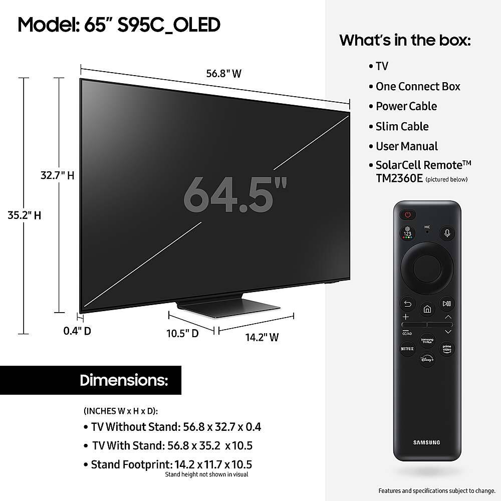 The image features a large flat screen TV, which is a 65" S95C OLED model. The TV is placed on a stand, and the dimensions of the TV without the stand are 56.8 x 32.7 x 0.4 inches. The TV with the stand is 56.8 x 35.2 x 10.5 inches. The stand's footprint is 14.2 x 11.7 x 10.5 inches. The TV is accompanied by a remote control, which is placed to the right of the TV. The image also includes a solar cell remote, which is located at the bottom right corner of the TV.