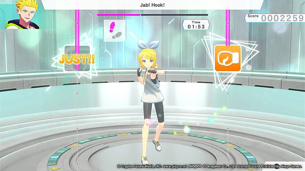 Jab! Hook! Time 01:53 Score 0002259 JUST!! Crypton Future Media, INC. [www.piapro.net](http://www.piapro.net) piapro Imagineer Co., Ltd. Licensed to and Published by Aksys Games.