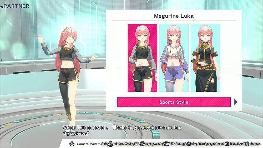 PARTNER Megurine Luka Sports Style Whoa! This is perfect. Thanks to you, my motivation has skyrocketed! R Camera Movem Crypton Future Media, INC. [www.piapro.net](http://www.piapro.net) piaprex Imagineer Co Ltds Ltd: Licensed to and Published by Aksys Games.