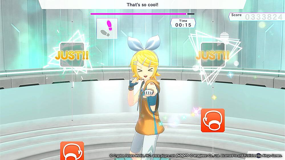 That's so cool! Just! Just! Time 00:15 Score 0333824 JUST!! JUST!! Crypton Future Media, INC. [www.piapro.net](http://www.piapro.net) piapro Imagineer Co., Ltd. Licensed to and Published by Aksys Games.