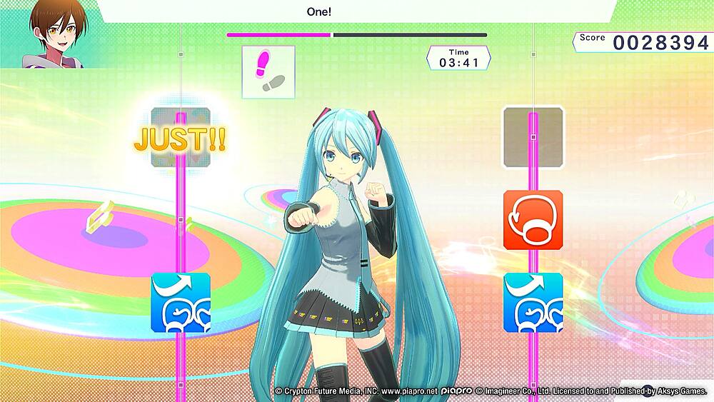 One! Just! Time: 03:41 Score: 0028394 JUST! Crypton Future Media, INC. [www.piapro.net](http://www.piapro.net) piapro Imagineer Co., Ltd. Licensed to and Published by Aksys Games.