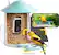 The image features a bird feeder with a bird perched on top of it. The feeder is filled with birdseed, and there is a camera attached to it, capturing the bird's presence. The bird is yellow and black, and it is standing on the feeder. The feeder is placed on a table, and there is a blue umbrella nearby. The image also includes a picture of the bird in the feeder, showcasing its interaction with the feeder.