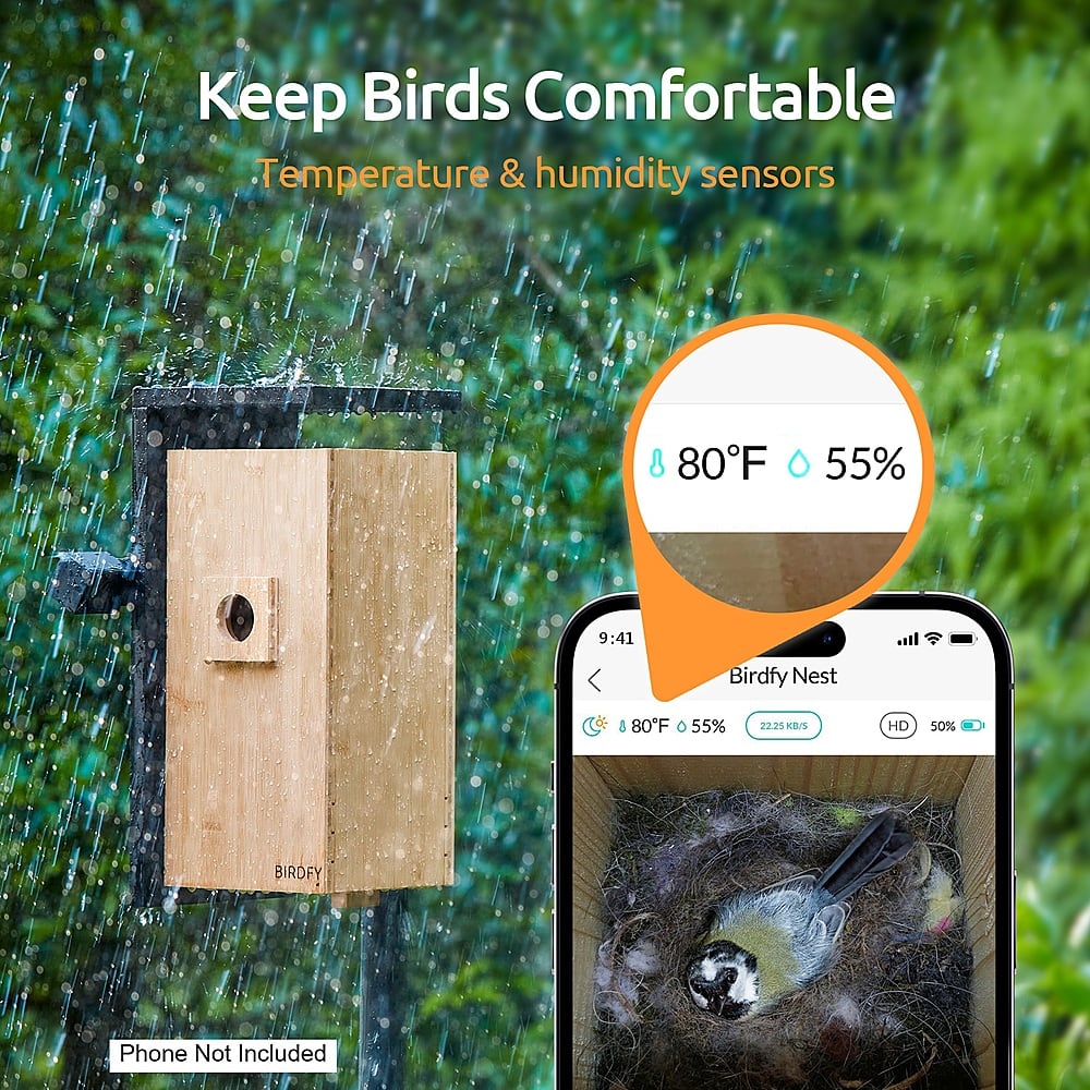 Keep Birds Comfortable Temperature & Humidity Sensors 80°F 55% 9:41 Birdfy Nest A 80°F 55% 22.25 KEUS HD 50% Phone Not Included