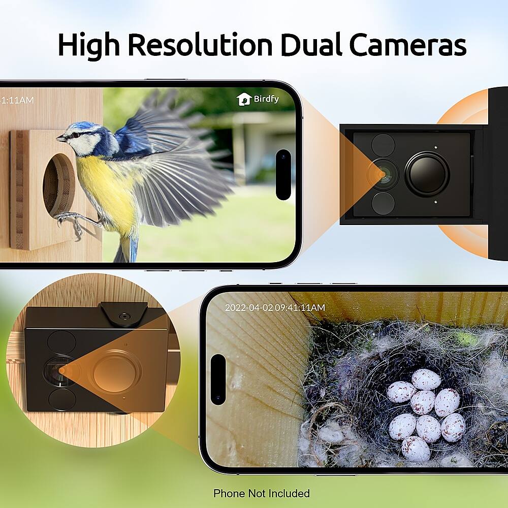 High Resolution Dual Cameras 1:11AM Birdfy 2022-04-02 09:41:11AM 09:41:11AM Phone Not Included