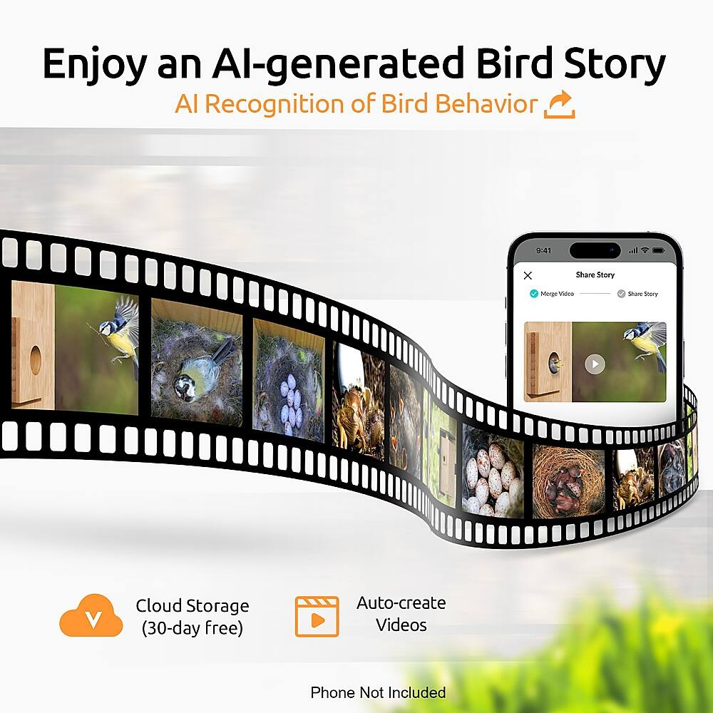 Enjoy an AI-generated Bird Story - Al Recognition of Bird Behavior - 9:41 al x Share Story - V Cloud Storage (30-day free) - Merge Video - Auto-create Videos - Share Story - Phone Not Included