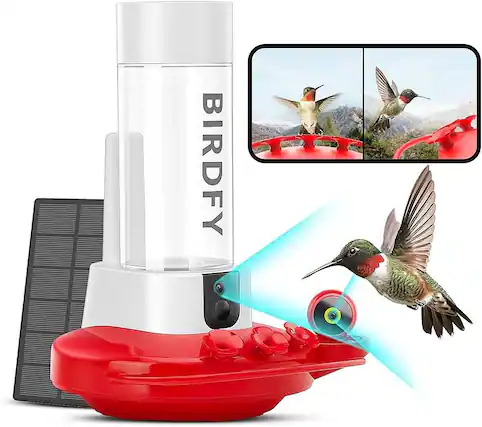 Front. BIRDFY - Smart Hummingbird Feeder, w/Dual HD Cameras, Solar Power, and AI Enabled Bird Recognition - Red and White.