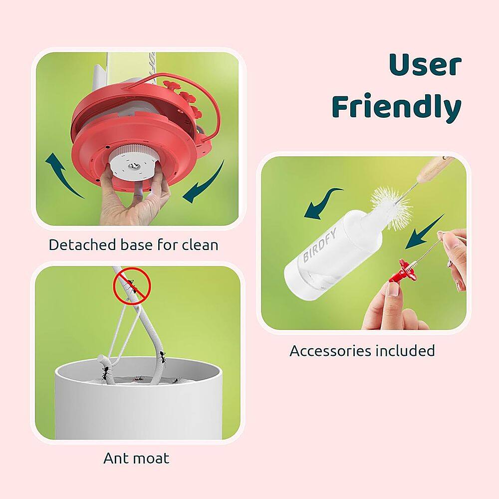 User Friendly: Detached base for clean, Birdie accessories included, Ant moat.