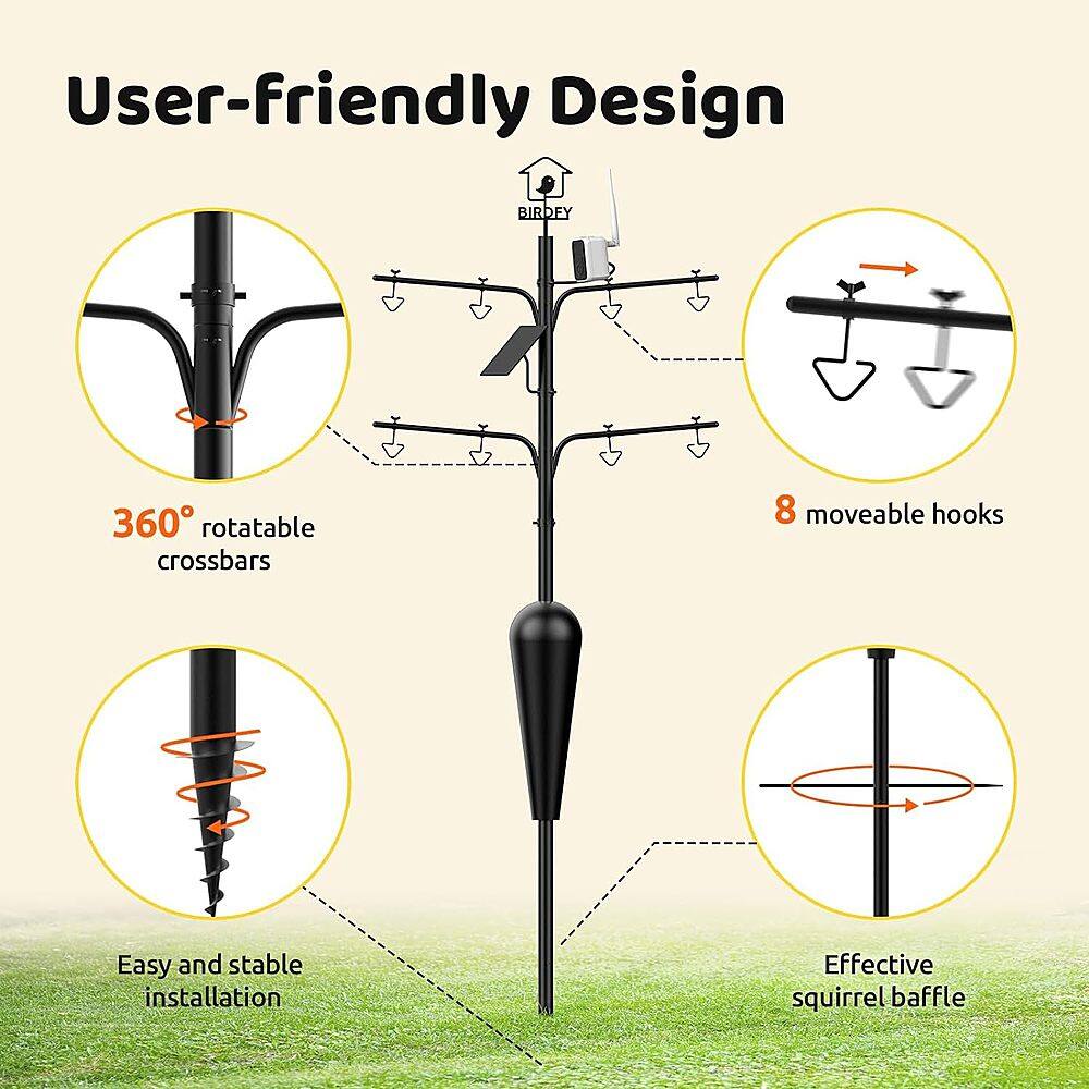 User-friendly Design: 360 rotatable crossbars, 8 moveable hooks, Easy and stable installation, Effective squirrel baffle.