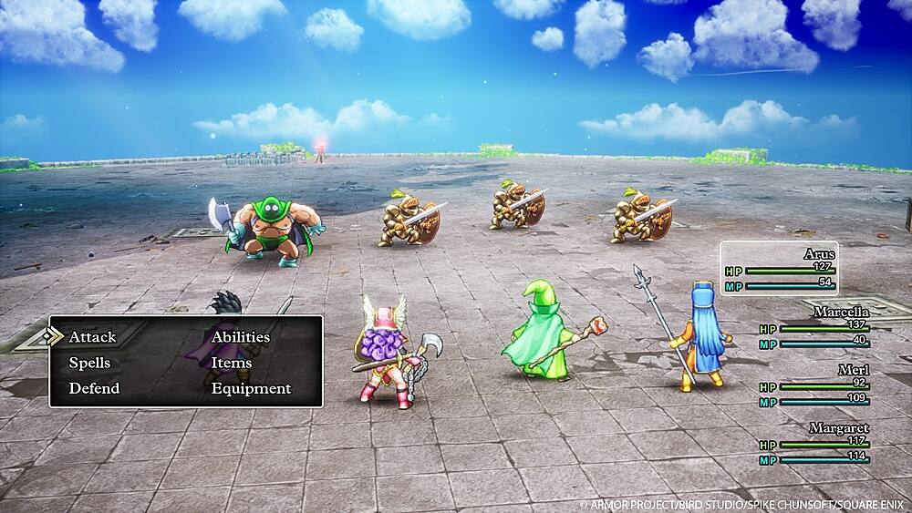 HP MP Arus 127 54 Attack Spells Defend Abilities Items Equipment HP MP Marcella 137 40 Merl 92- 109 HP MP Margaret 117- 114 ARMOR PROJECT/BIRD STUDIO/SPIKE CHUNSOFT/SQUARE ENIX