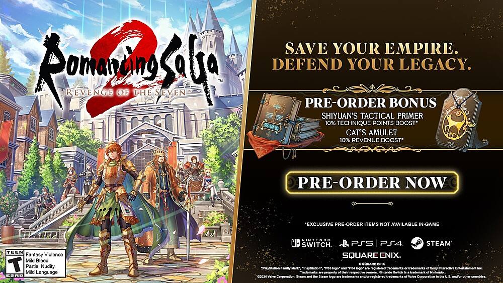 SAVE YOUR EMPIRE. DEFEND YOUR LEGACY. Pre-order Romancing Saga 2 now and receive exclusive pre-order bonuses, including Shiyuan's Tactical Primer, 10% Technique Points Boost, and Cat's Amulet, which grant 10% Revenue Boost. Don't miss out on these exclusive items - pre-order now on Nintendo Switch, PS4, and Steam.
