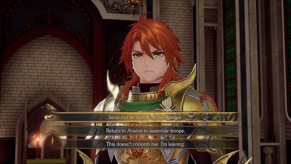 Group:

1. Send out an ambassador of peace.
2. Return to Avalon to assemble troops.
3. This doesn't concern me. I'm leaving.

Corrected text:

1. Send out an ambassador of peace.
2. Return to Avalon to assemble troops.
3. This doesn't concern me. I'm leaving.