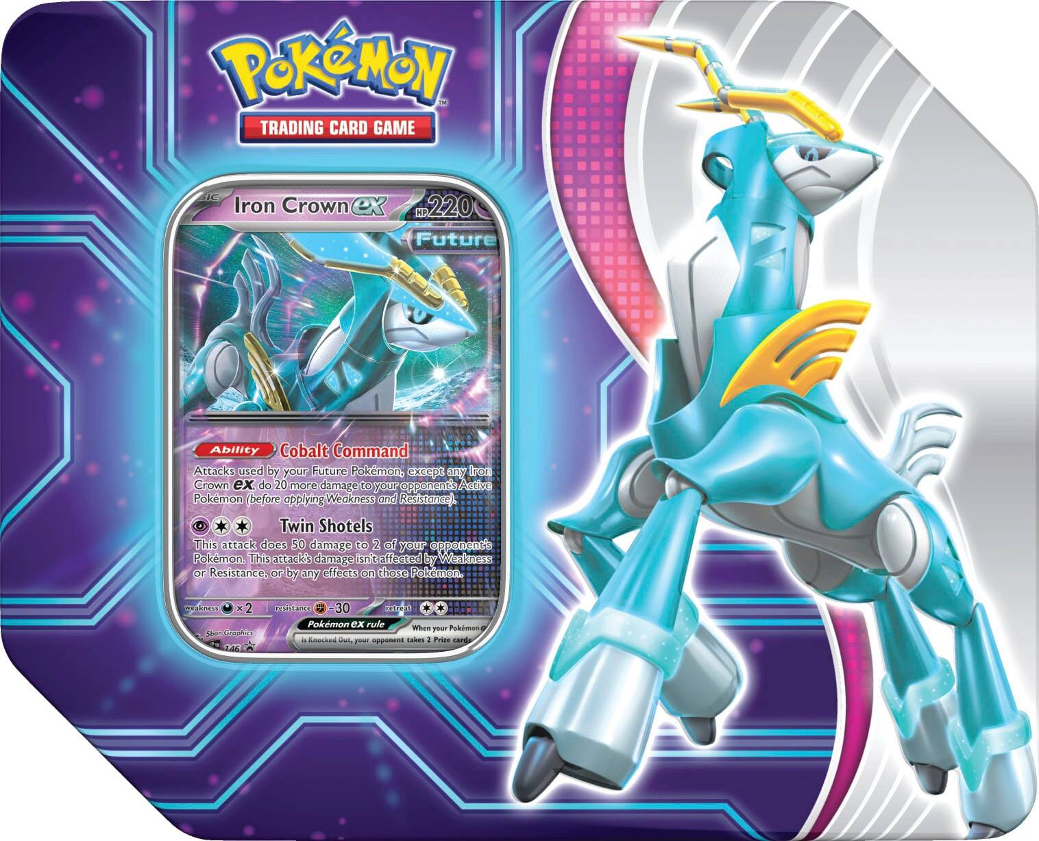 Pokemon P Trading Card Game Iron Crown ex 220 Future Ability Cobalt Command Attacks used by your Future Pokemon, xscpt mny iron Crown ex do 20 more damage to your opponent's Pokemon before applying Weakness and Resistance. Twin Shotels This attack does 50 damage to 2 of your opponent's Pokemon. This attack isn't affected by Weakness or Resistance, or by any effects on those Pokemon. Every turn, your opponent takes a Freeze damage. Pokemon ex rule When Pokemon is your opponent's - Knocked out.