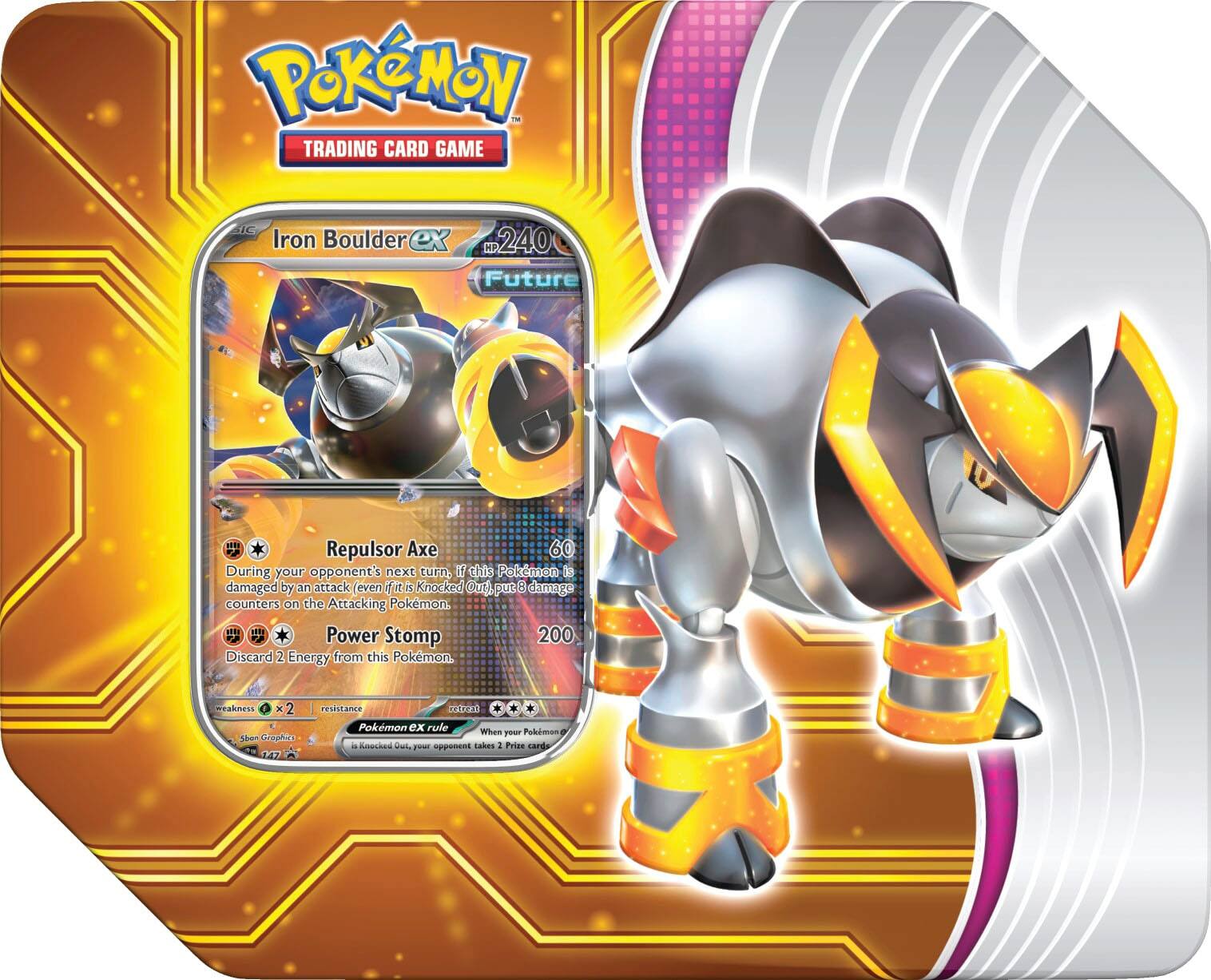 Pokemon - Trading Card Game: Iron Boulder ex HP 240 Future Repulsor Axe 60. During your opponent's next turn, if Iron Boulder is damaged by an attack (even if it is Knocked Out), put 2 damage counters on the attacking Pokemon. Power Stomp 200. Discard 2 Energy from this Pokemon. Weakness 2. Resistance 147.
