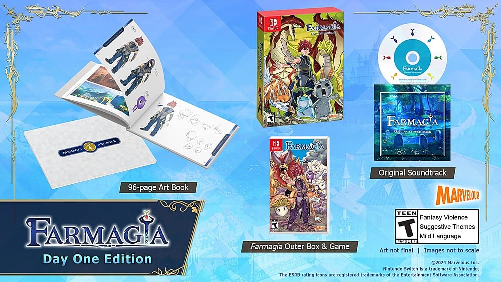 The image features a collection of items related to the game "Farmagia". The items include a book, a game, and a soundtrack. The book is titled "Farmagia: The Art of Smite Farmacia". The game is a Nintendo Switch game, and the soundtrack is an original soundtrack for the game. The image also includes a 96-page art book and an outer box, both part of the Day One Edition of the game. The items are displayed in a visually appealing manner, showcasing the various components of the game.