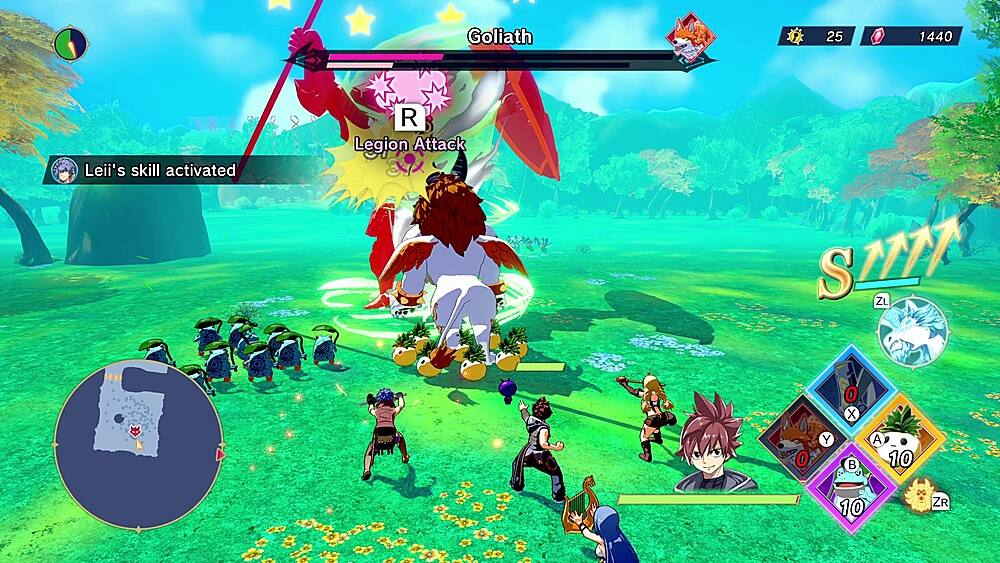 The text on the image reads: "Goliath 25 1440 Leii's skill activated Legion Attack SIZTT ZL O X 0 Y 10 10 ZR". The text is grouped as follows:

1. "Goliath 25 1440": This is a game-related statistic, indicating the number of Goliaths and the time elapsed in the game.
2. "Leii's skill activated": This is a game-related action, indicating that a character's skill has been activated.
3. "Legion Attack": This is a game-related action, indicating that a Legion Attack is taking place.
4. "SIZTT ZL O X 0 Y 10 10 ZR": This is a game-related statistic, indicating the number of characters and their positions on the field.