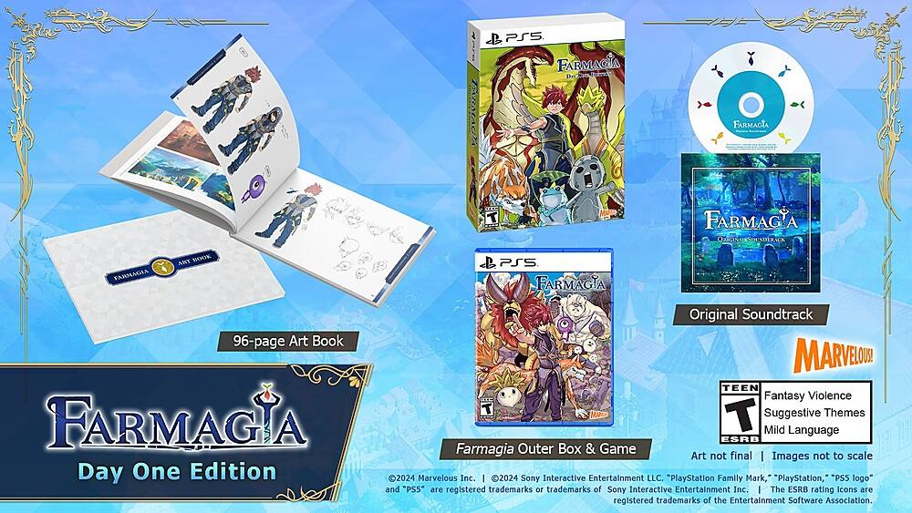 FARMAGIA Day One Edition:

* 96-page Art Book
* Original Soundtrack
* PlayStation 5 Game
* Outer Box & Game Art
* 2024 Marvelous Inc.
* 2024 Sony Interactive Entertainment LLC.

The images are not to scale, and the ESRB rating icons are registered trademarks of the Entertainment Software Association.