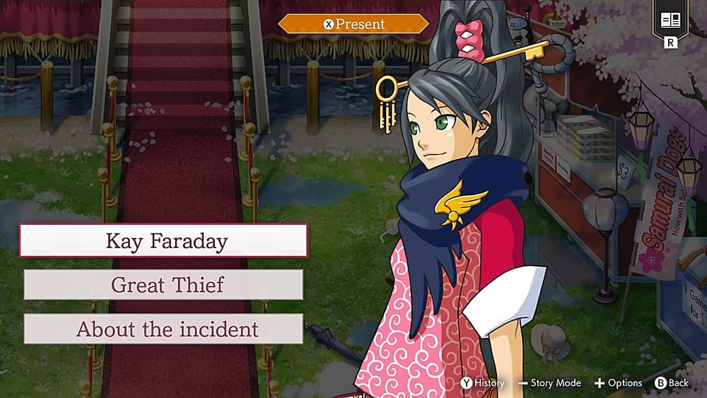 The text on the image is grouped and corrected as follows:
1. Kay Faraday = Great Thief
2. About the incident
3. $3 Dogs = Samurai with Now
4. 1 Game for S = Story Mode + Options
5. Back