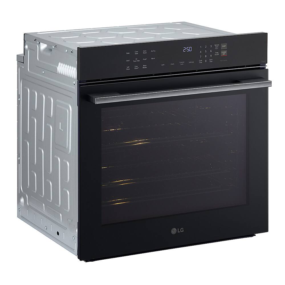The image features a black LG oven with a digital display. The oven has a stainless steel door and a glass window. The display shows the time of 2:50.