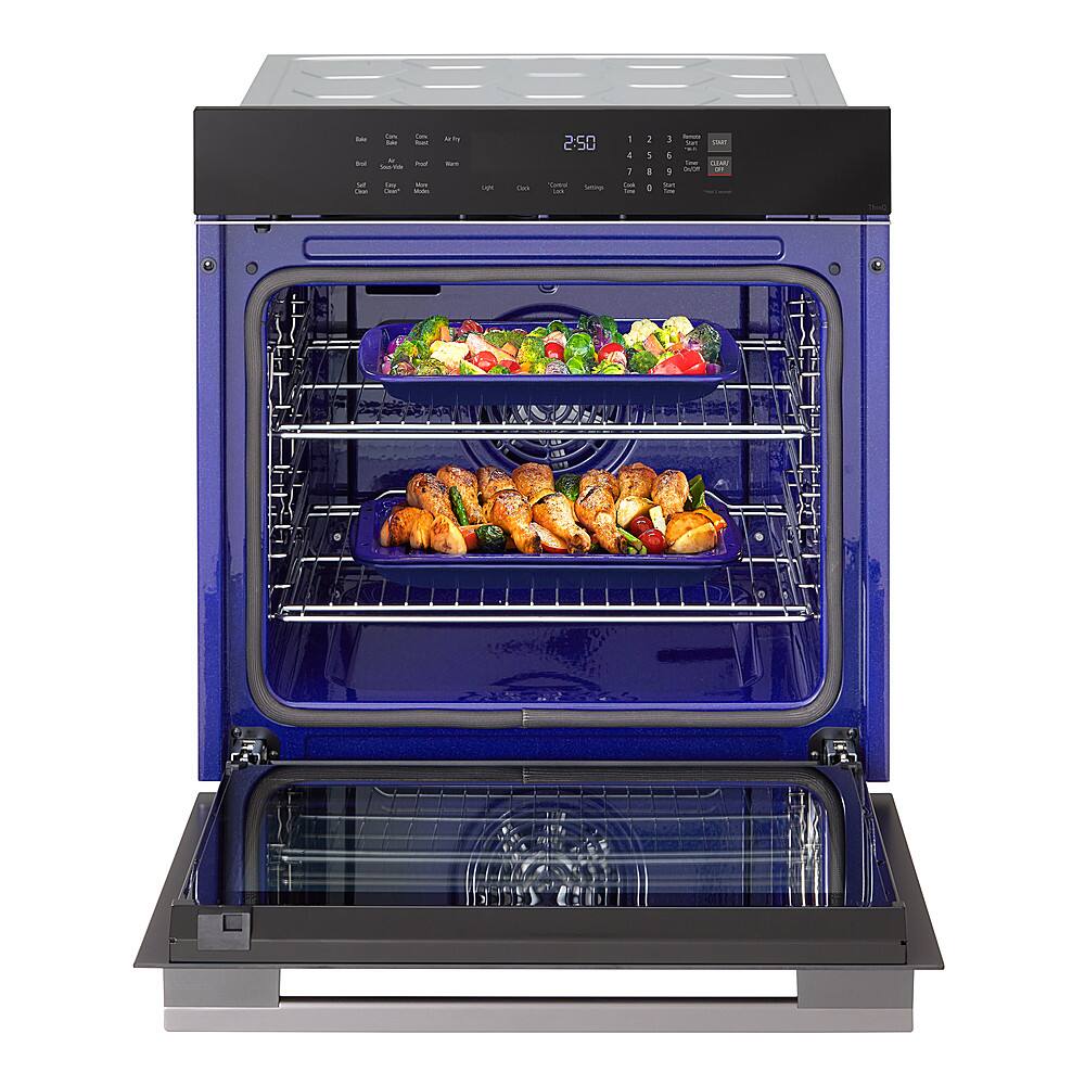 The image shows a blue oven with two trays of food inside. The oven is set to 2:50, and there are a total of 11 pieces of food in the oven. The food is arranged in a way that it is evenly distributed across the two trays. The oven is open, allowing us to see the food inside.