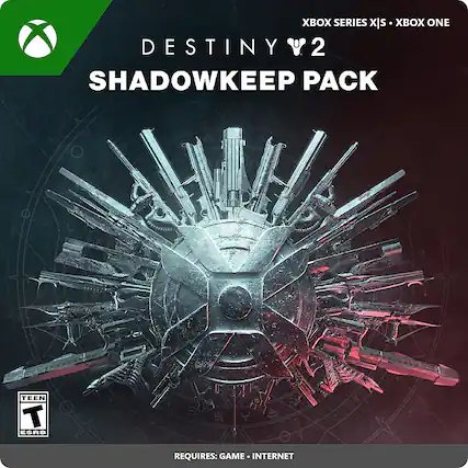 The text on the image reads "DESTINY 2 SHADOWKEEP PACK TEEN T ESRB REQUIRES: GAME INTERNET". - T (Teen 13+)