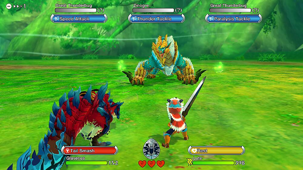 The image features a video game with three different creatures: a Great Thunderbug, a Zinogre, and a Glavenus. The Great Thunderbug is in the middle of the scene, while the Zinogre and Glavenus are on the left and right sides, respectively. The Zinogre is equipped with a sword, and the Glavenus has a bow. The game is set in a green field, and the creatures are engaged in a battle.