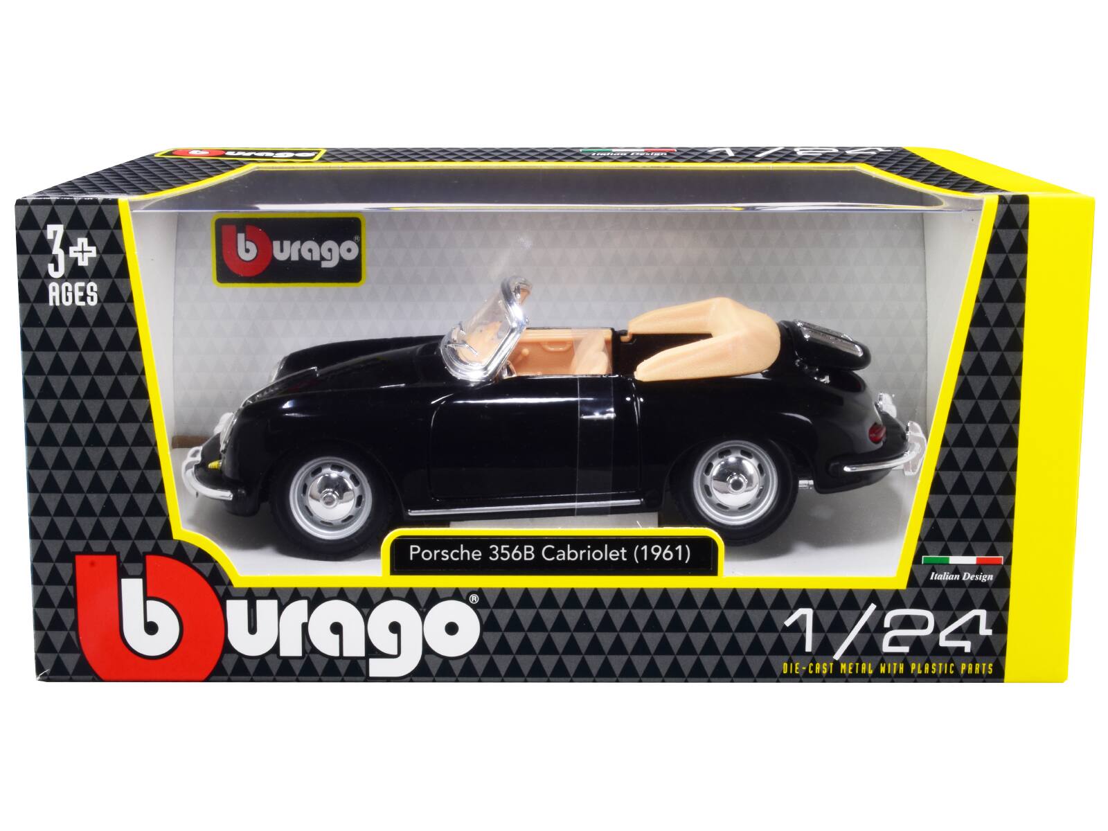 - 3+ AGES
- b urago
- Porsche 356B Cabriolet (1961)
- Italian Design
- 1/24
- DIE-CAST METAL WITH PLASTIC PARTS