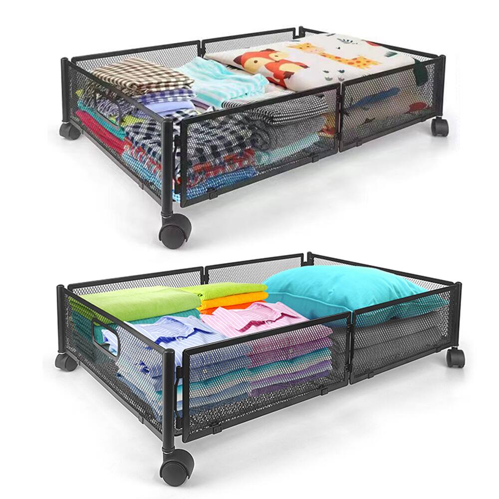 Angle. Malletson - Under Bed Organizer Drawer for Clothes, Toy, Foldable Containers with Wheels, 2 Packs (Metal) - Black.