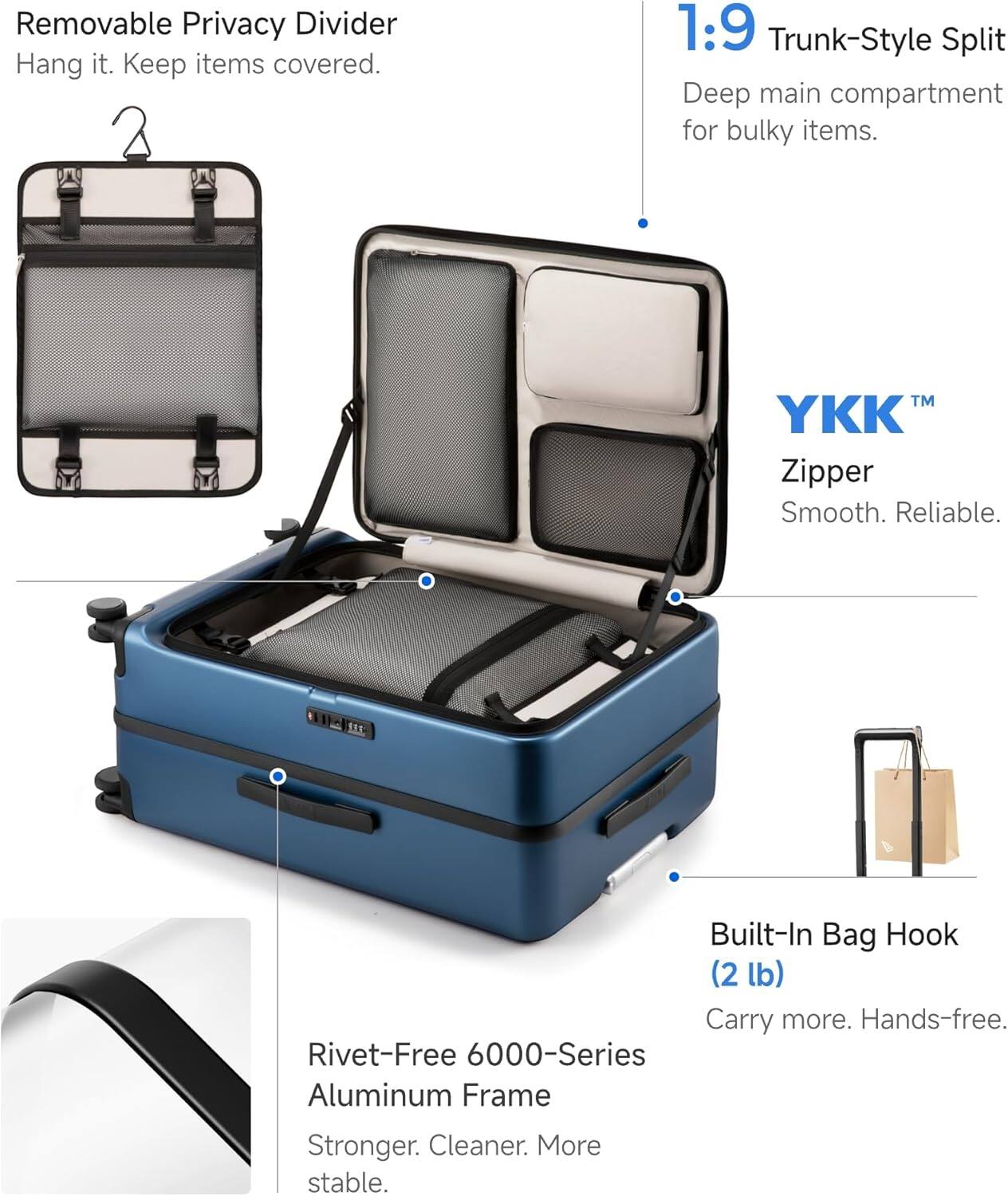 Removable Privacy Divider  
Hang it. Keep items covered.  

1:9 Trunk-Style Split  
Deep main compartment for bulky items.  

YKK™ Zipper  
Smooth. Reliable.  

Built-In Bag Hook (2 lb)  
Carry more. Hands-free.  

Rivet-Free 6000-Series Aluminum Frame  
Stronger. Cleaner. More stable.