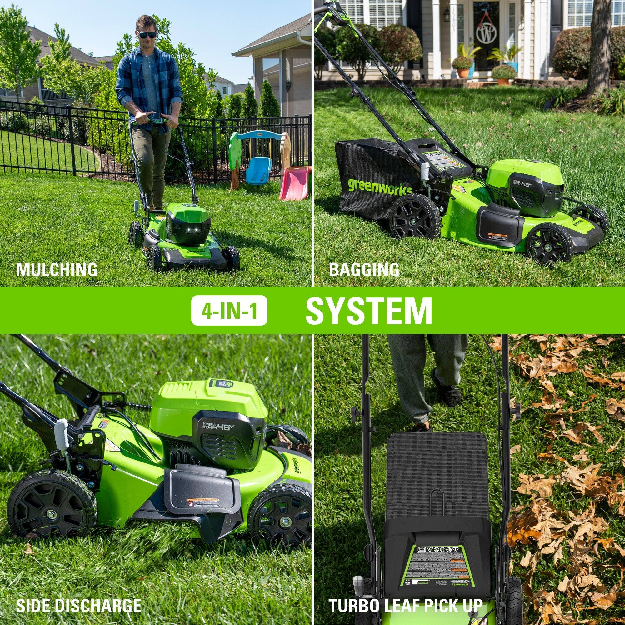 A greenworks 4-in-1 Mulching Bagging System - Side Discharge Turbo Leaf Pick Up