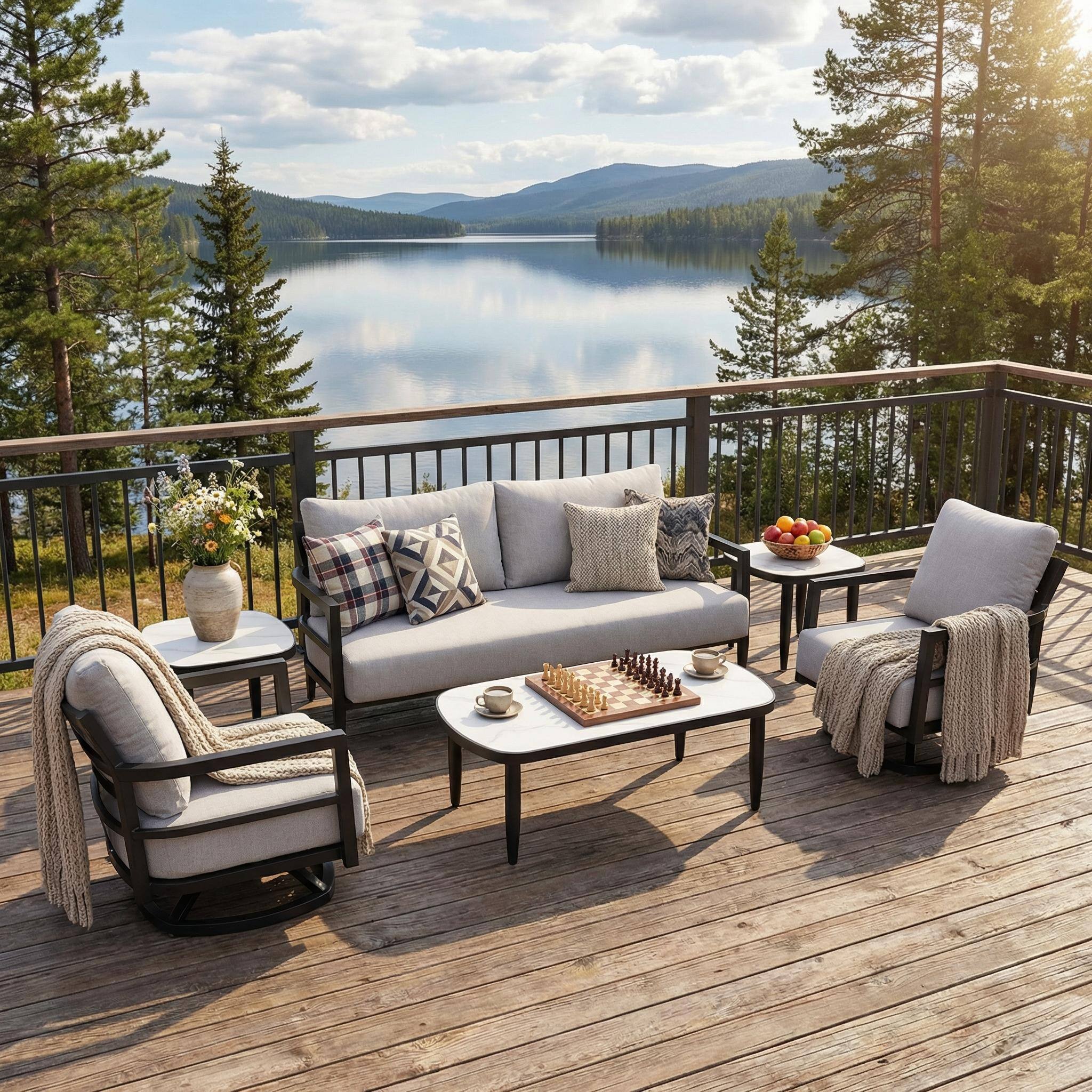 Back. Mondawe - 6-Piece Outdoor Conversation Set with Swivel Chair, Bench Sofa, Marble-Inspired Tables and Sunbrella Cushions - Ember Black+Grey.