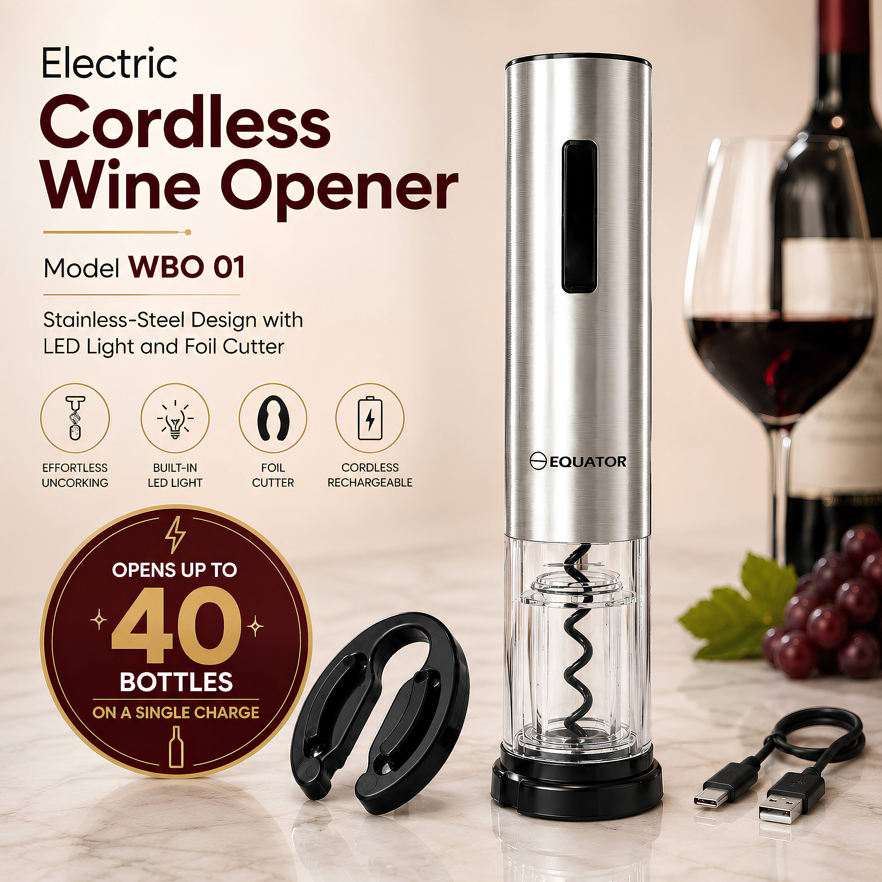 Electric Cordless Wine Opener  
Model WBO 01  
Stainless-Steel Design with LED Light and Foil Cutter  
EFFORTLESS UNCORKING  
BUILT-IN LED LIGHT  
FOIL CUTTER  
CORDLESS RECHARGEABLE  
EQUATOR  
OPENS UP TO 40 BOTTLES ON A SINGLE CHARGE