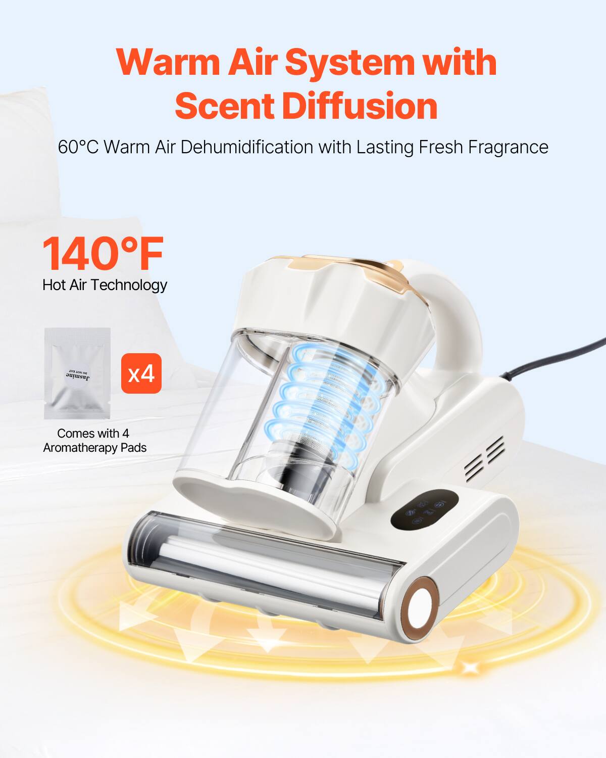 Warm Air System with Scent Diffusion  
60°C Warm Air Dehumidification with Lasting Fresh Fragrance  
140°F Hot Air Technology  
... - - Jasmine  
x4  
Comes with 4 Aromatherapy Pads