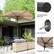 The image features a patio set with a 1.5-inch diameter steel pole umbrella. The umbrella is easy to crank up and down, and it has 5 support steel ribs. The patio set is surrounded by a garden, which adds to the overall ambiance of the outdoor space.