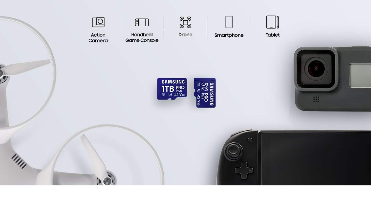 The image features a collection of electronic devices, including a drone, a smartphone, a tablet, and a game console. The drone is positioned on the left side of the image, while the smartphone is located in the middle. The tablet is situated towards the right side of the image, and the game console is placed at the bottom. The presence of a Samsung logo suggests that the devices are from the same brand.