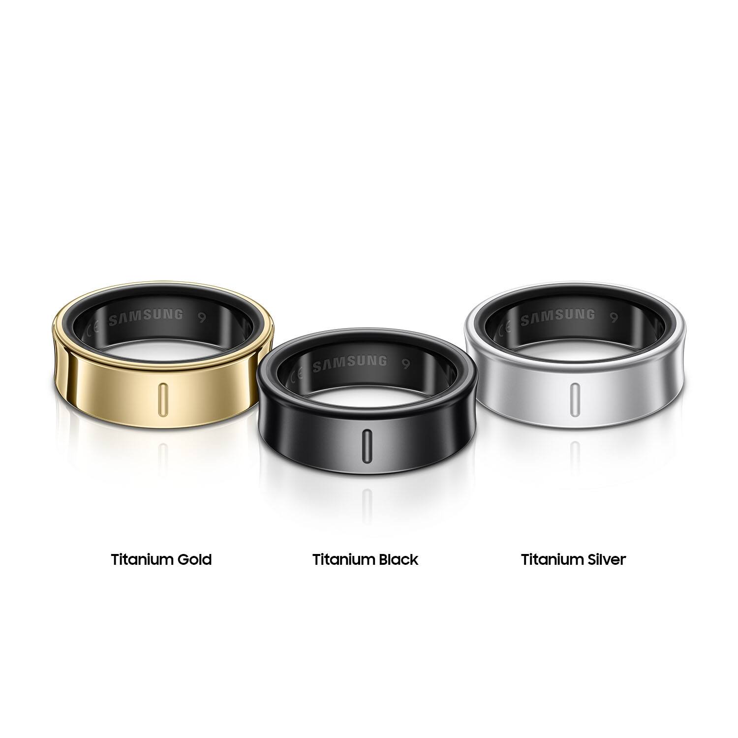 The text on the image reads: "3 SAMSUNG RINGS: Titanium Gold, Titanium Black, Titanium Silver."