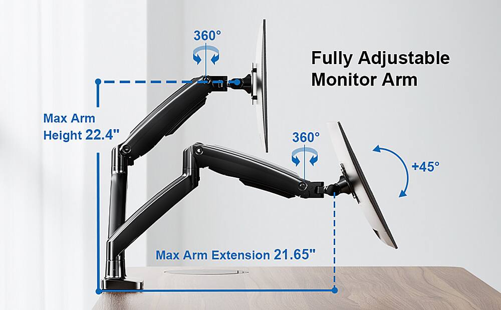 The text on the image reads: "360 Fully Adjustable Monitor Arm Max Arm Height 22.4" 360 + 45 Max Arm Extension 21.65".