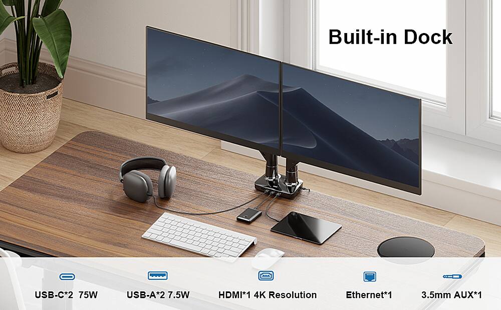 Built-in Dock USB-C*2 75W USB-A*2 7.5W HDMI*1 4K Resolution Ethernet*1 3.5mm AUX*1