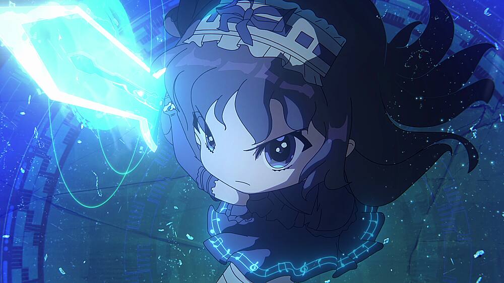 As I look into the distance, I see a young girl with long, dark hair. She is wearing a crown and holding a blue object, possibly a sword or a staff. The girl appears to be looking at something in the distance, possibly a light or a point of interest.