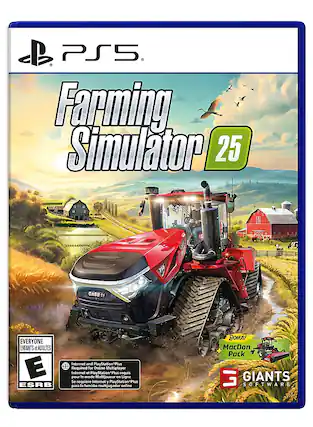 Farming Simulator 25 is a video game for the PlayStation 5 console. It is rated E (for Everyone) and is suitable for both children and adults. The game requires an internet connection and a PlayStation Plus subscription for online multiplayer. The MacDon Pack is included as a bonus, and the game is developed by Giants Software. - E (Everyone)