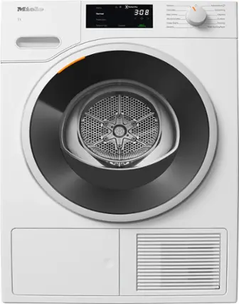 The image features a Miele T1 Eatra Normal Hand Wash machine with a spinning drum. The machine has a digital display and a control knob. It is designed for washing delicate items, such as linens, woolens, and silk, as well as denim and other fabrics. The machine offers various washing options, including gentle cycle, normal cycle, and delicates cycle. The spin dry function helps to dry the clothes quickly and efficiently.