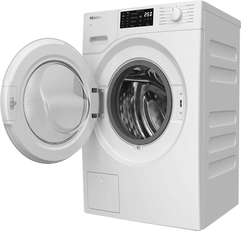 The image features a white washing machine with a large door and a digital display. The machine has a capacity of 250, making it suitable for handling a variety of laundry needs. The door of the washing machine is open, revealing the interior where clothes are being washed. The machine is designed to provide efficient and effective cleaning for various types of fabrics and loads.