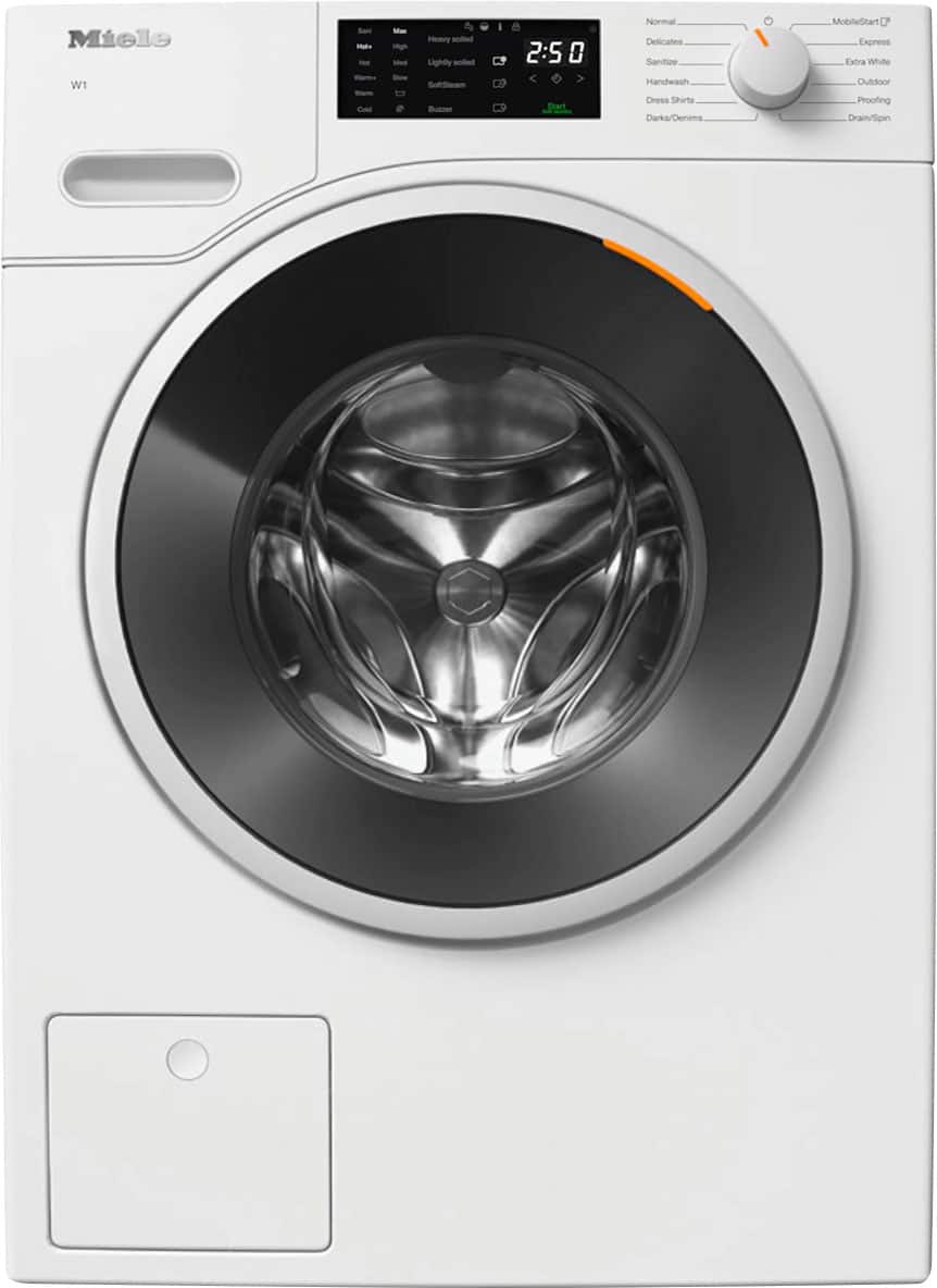 The image features a Miele washing machine with a large drum and a digital display. The machine is white and has a silver interior. The display shows the time and temperature settings for the wash cycle. The washing machine is designed to handle various types of laundry, including delicates, handwash, dress shirts, and more.