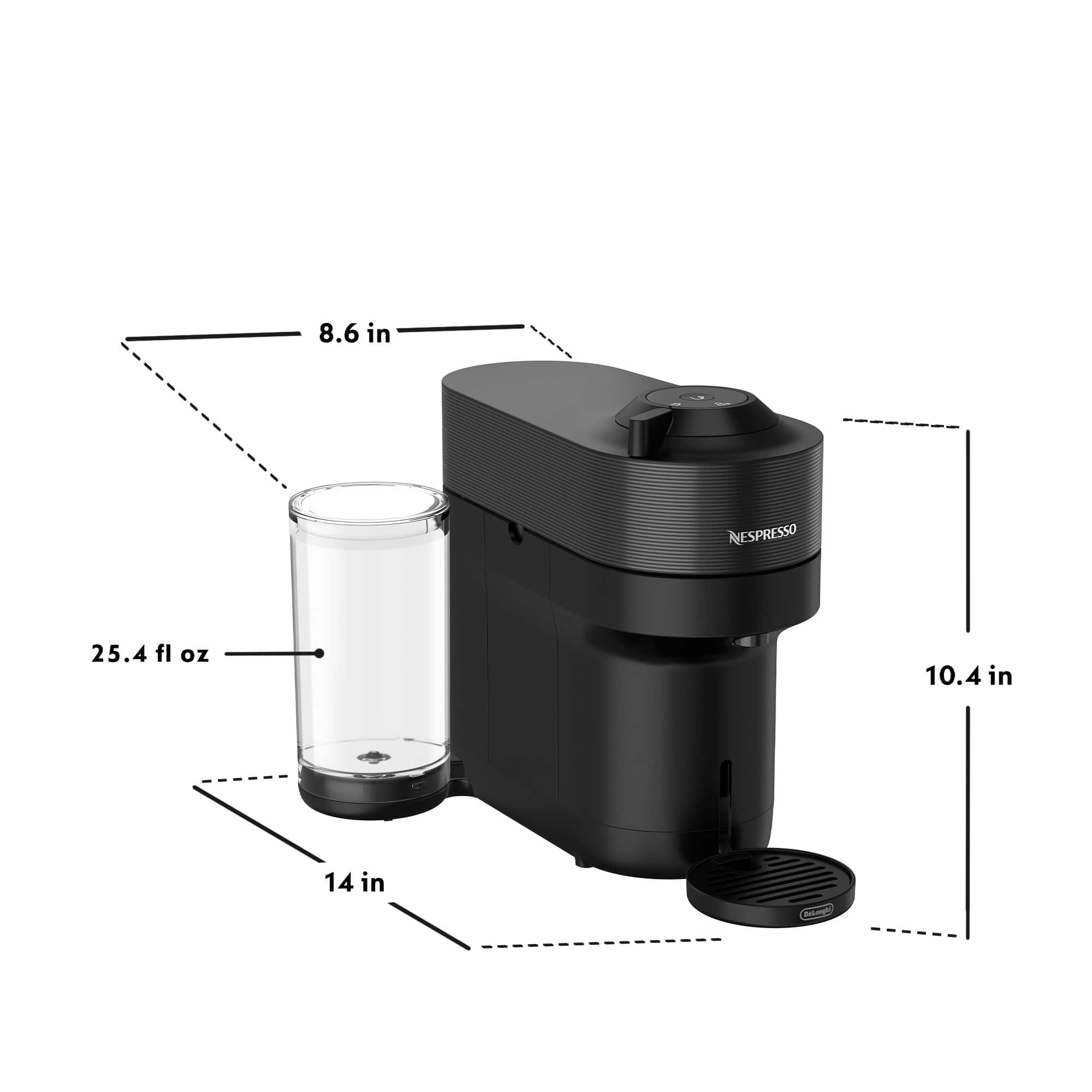 The text on the image reads: "8.6 in RESPRESSO 25.4 fl oz 10.4 in 14 in -".