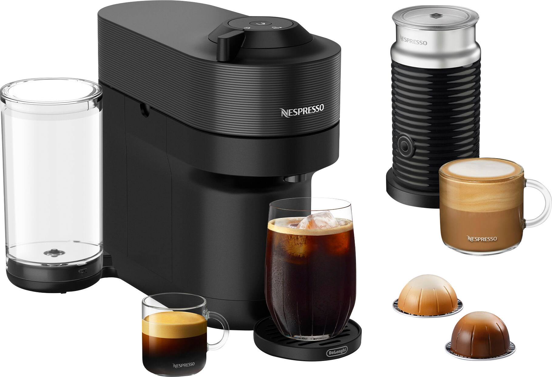 Nespresso is the brand of the coffee maker and espresso machine in the image.