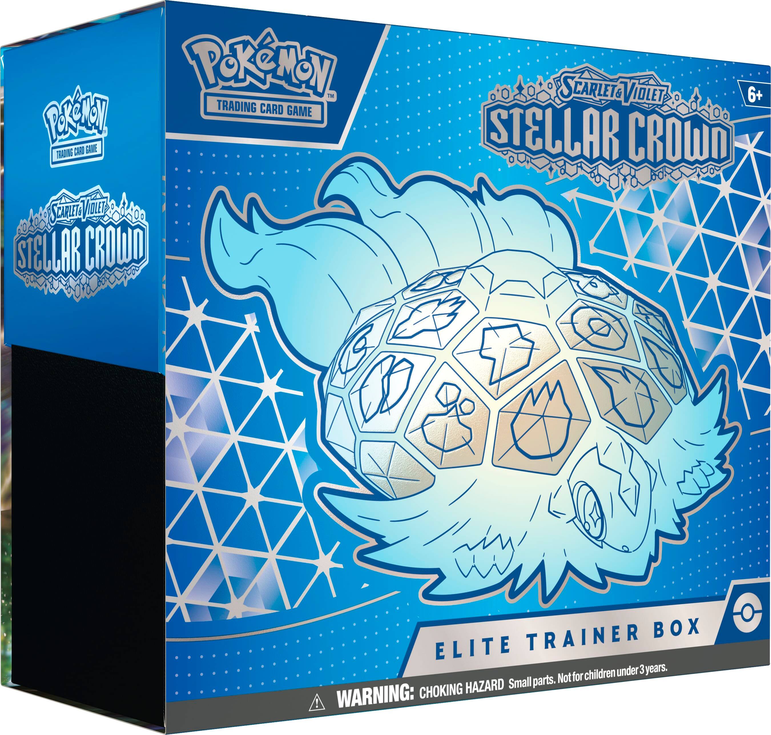The image features a Pokemon trading card game, specifically the Stellar Crown Elite Trainer Box. The box is blue and contains a variety of cards, including the Stellar Crown card. The box is designed for children under 3 years old and comes with a warning that it may pose a choking hazard. The box is also labeled as a "Pokemon 1H Trading Card Game Presentation Box."