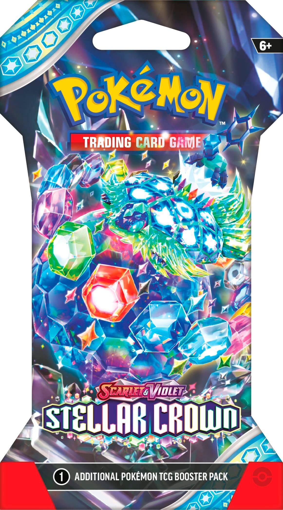 The text on the image reads: "6+ PoKeMoN TM TRADING CARD GAME SCARLET & VIOLET STELLAR CROWN 1 ADDITIONAL POKMON TCG BOOSTER PACK."