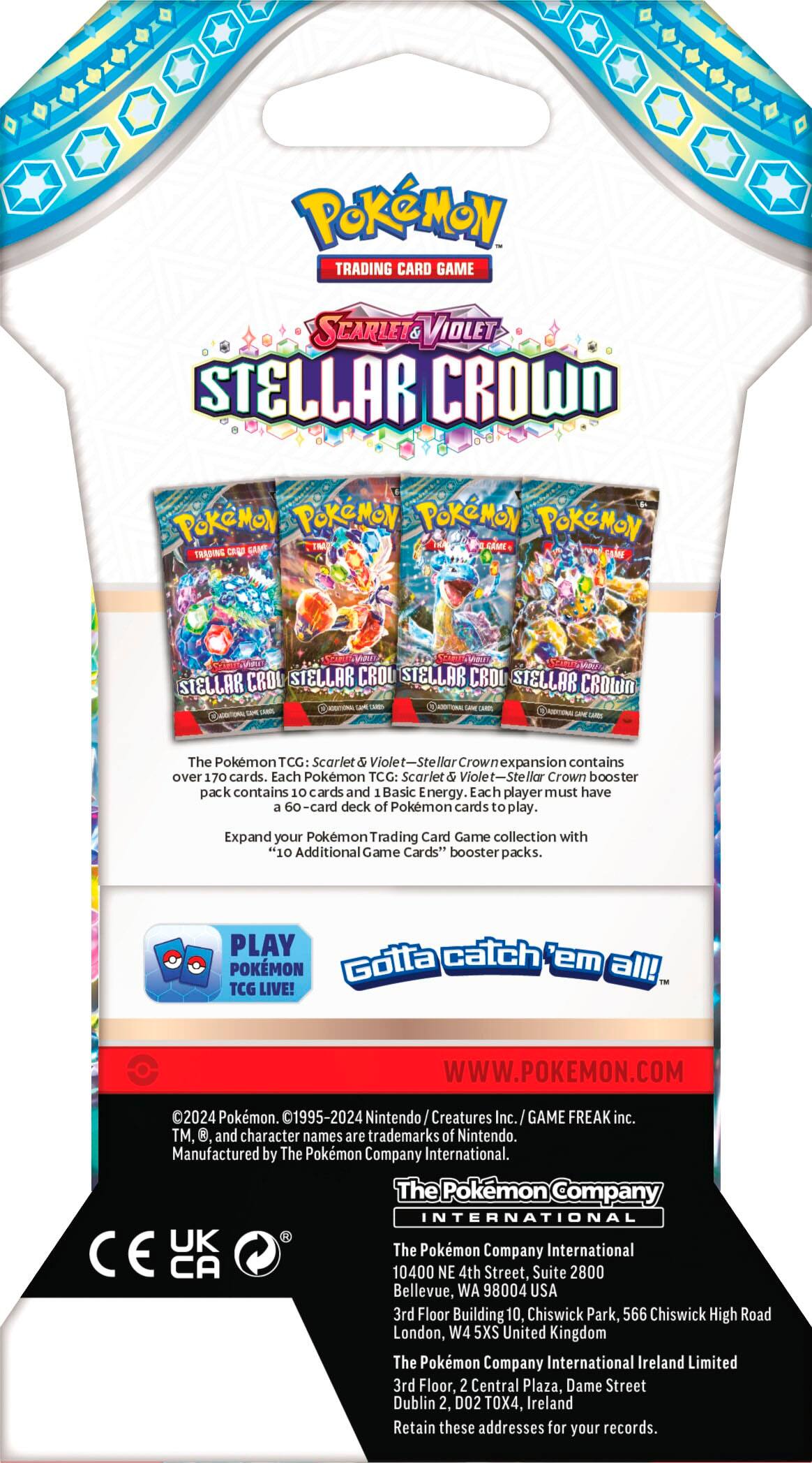 Pokemon Trading Card Game: Scarlet & Violet Stellar Crown Booster Box

The Pokemon TCG: Scarlet & Violet-Stellar Crown expansion contains over 170 cards. Each Pokemon TCG: Scarlet & Violet-Stellar Crown booster pack contains 10 cards and 1 Basic Energy card. Each player must have a 60-card deck of Pokemon cards to play. Expand your Pokemon Trading Card Game collection with "10 Additional Game Cards" booster packs. PLAY catch Pokemon! Gotta 'em all!

The Pokemon Company International is the manufacturer of this product. Pokemon, the Pokemon logo, and character names are trademarks of Nintendo.

The Pokemon Company International UK is the distributor of this product in the United Kingdom.